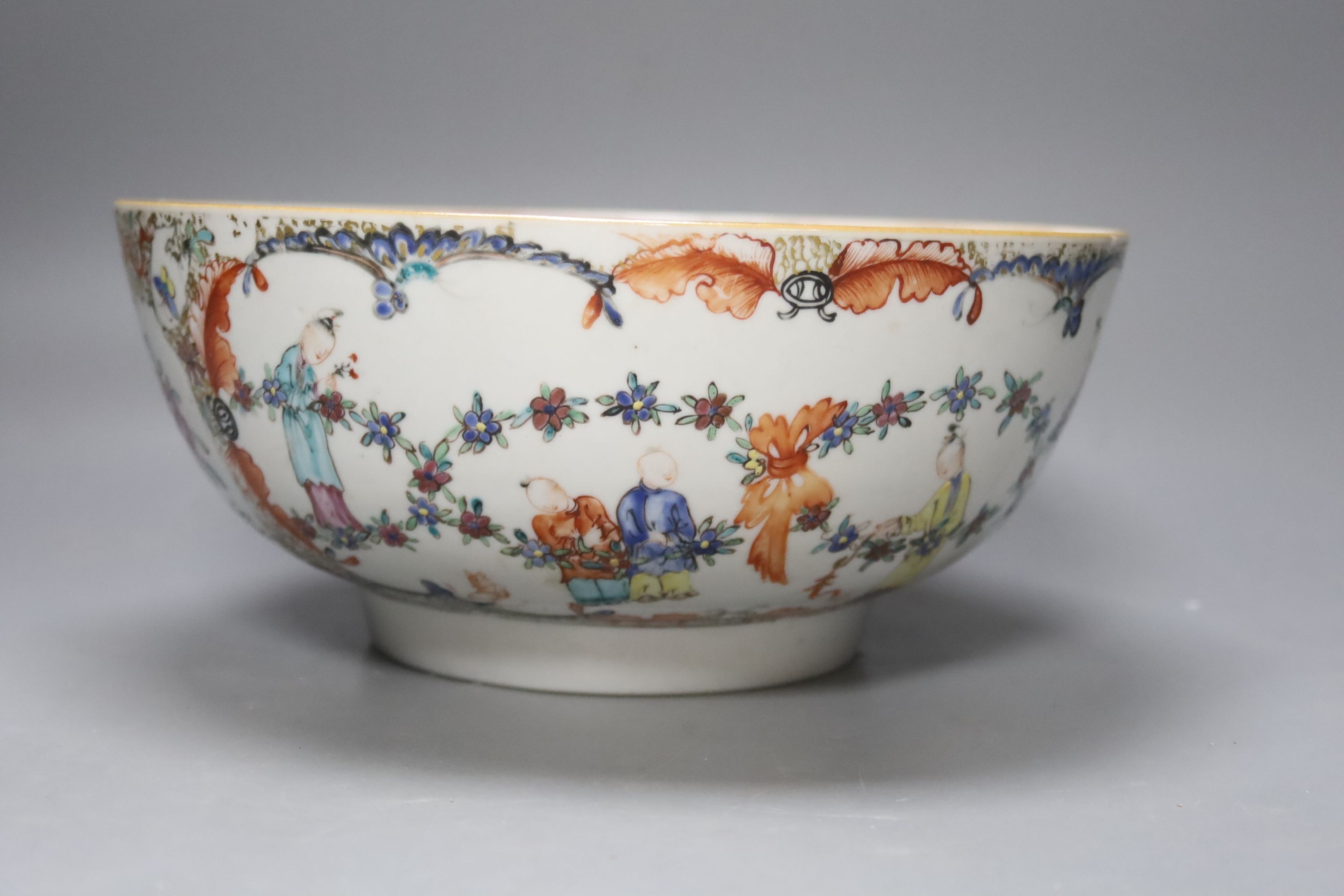 A Chinese blue and white pillow, an 18th century Chinese export bowl, diameter 26cm, and three similar plates